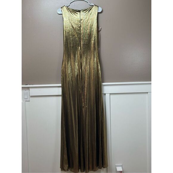 NWT Mac Duggal Metallic Ruched Detail Front Slip V Neck Gown Maxi Dress Small - Picture 13 of 13